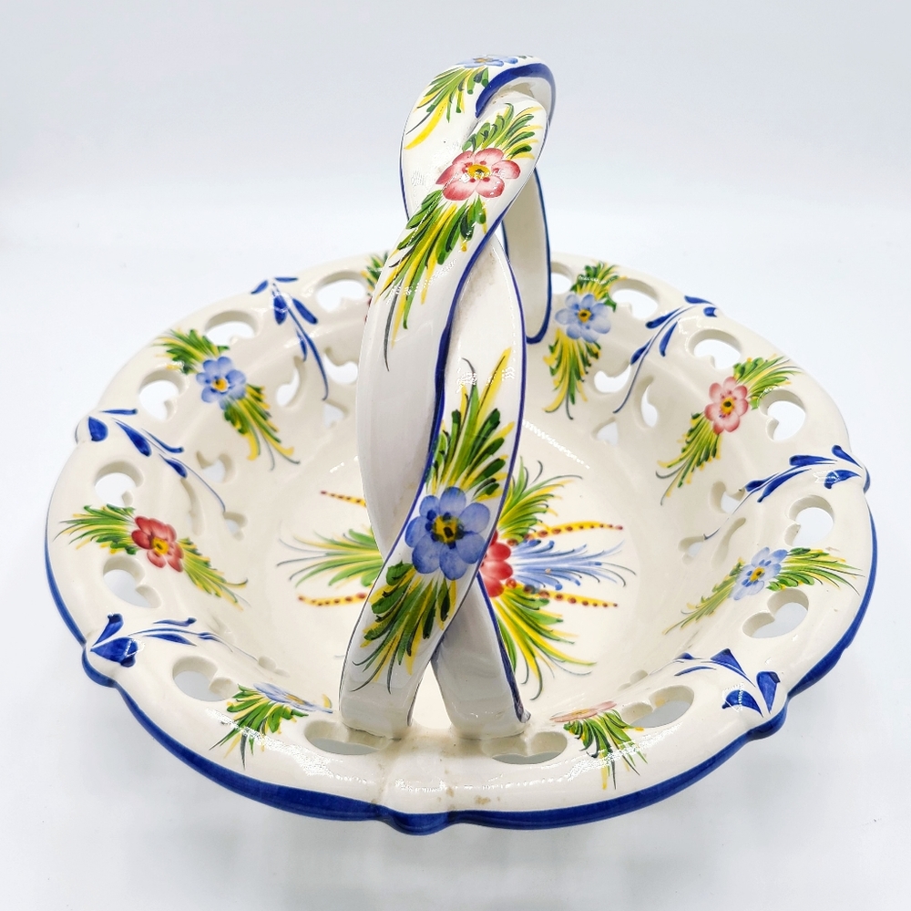 Antique Portugal Vibrant Cobalt Blue White Floral Ceramic Hand Painted Basket - Picture 4 of 7